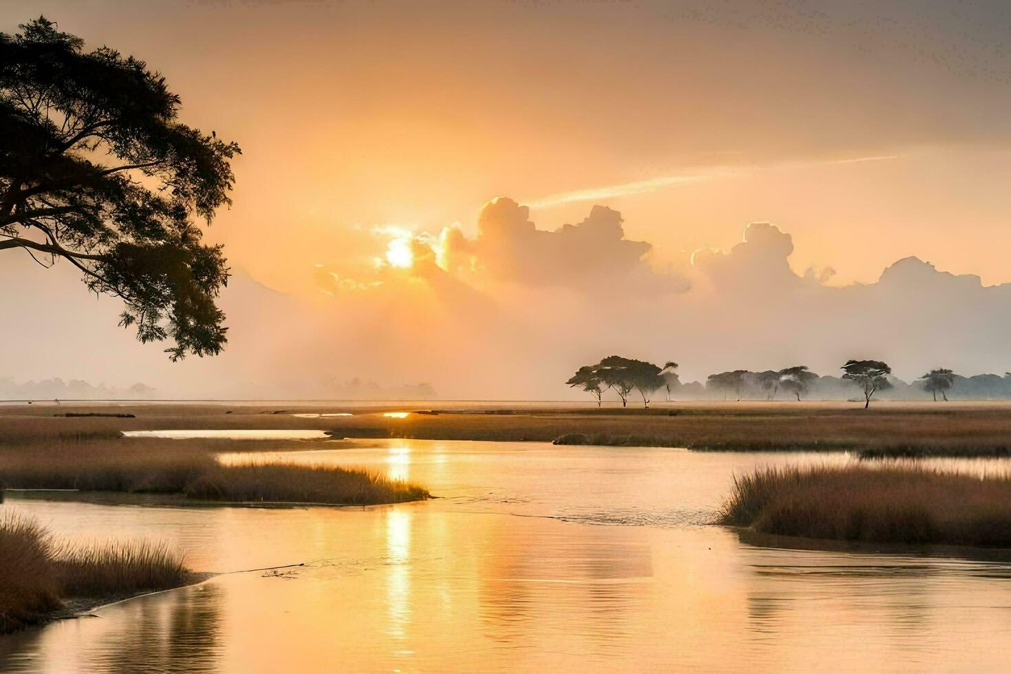 the sun rises over a marsh and trees. AI-Generated photo