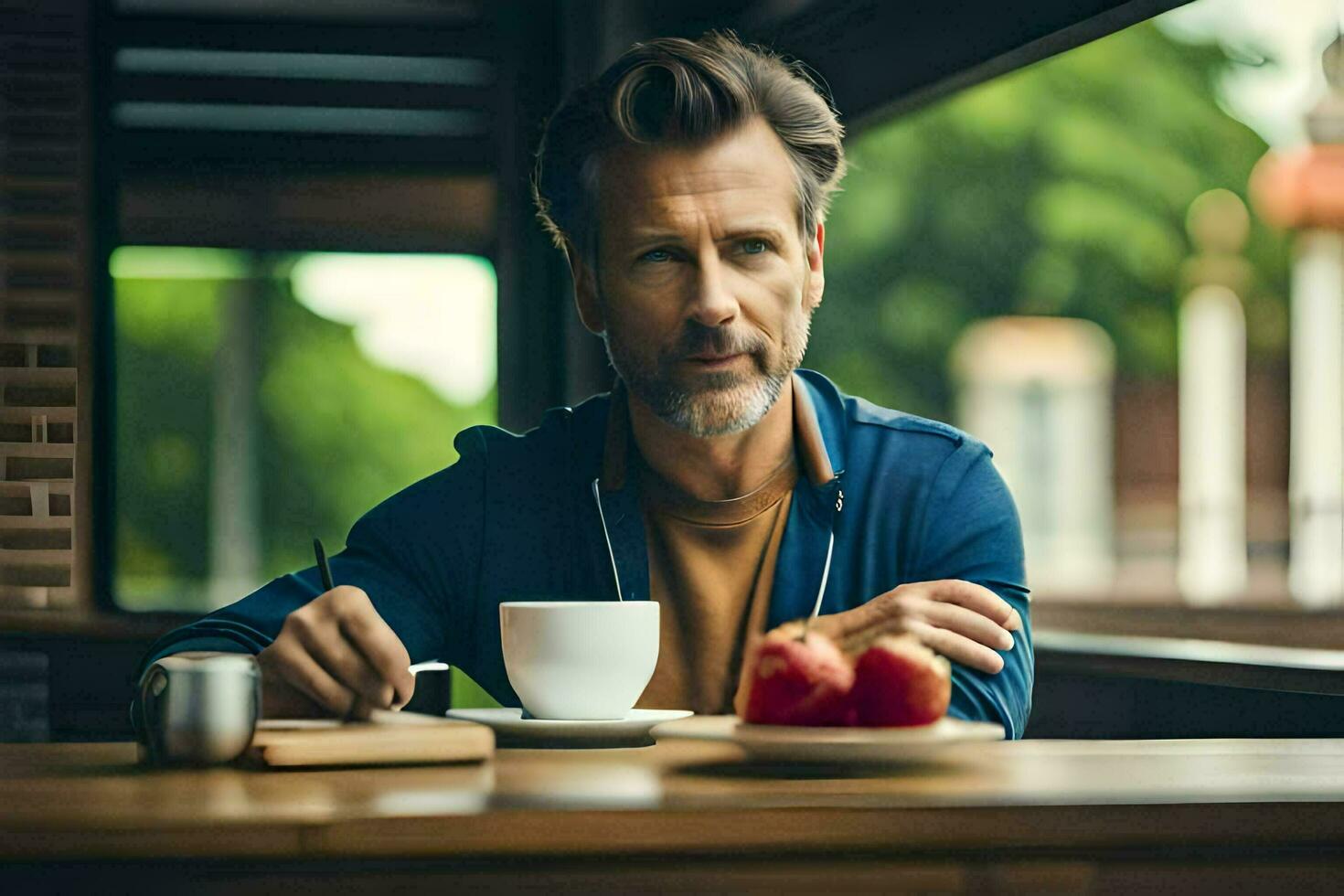 un hombre sentado a un mesa con un taza de café y un manzana. generado por ai foto