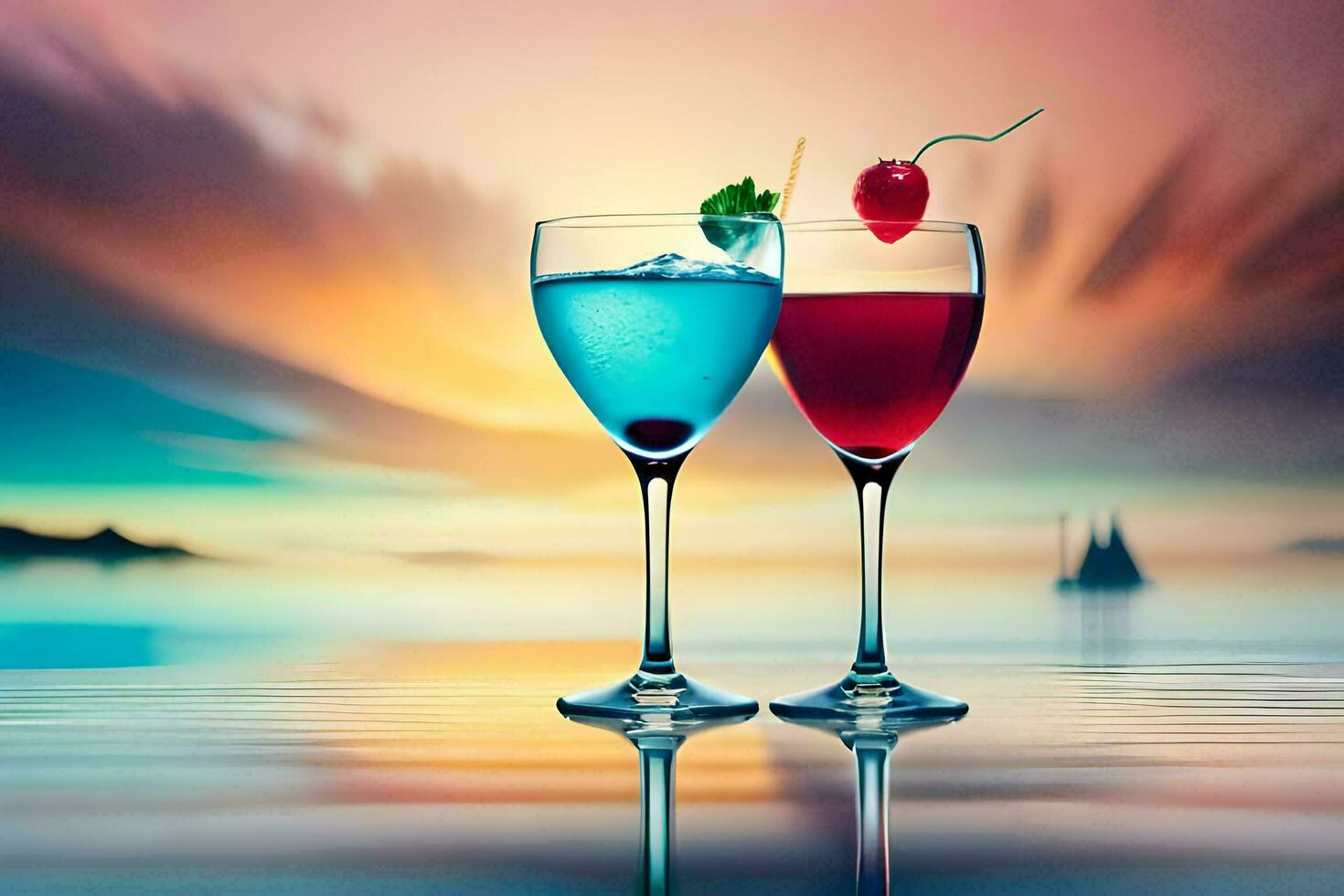 two glasses of cocktails with a sunset in the background. AI-Generated photo