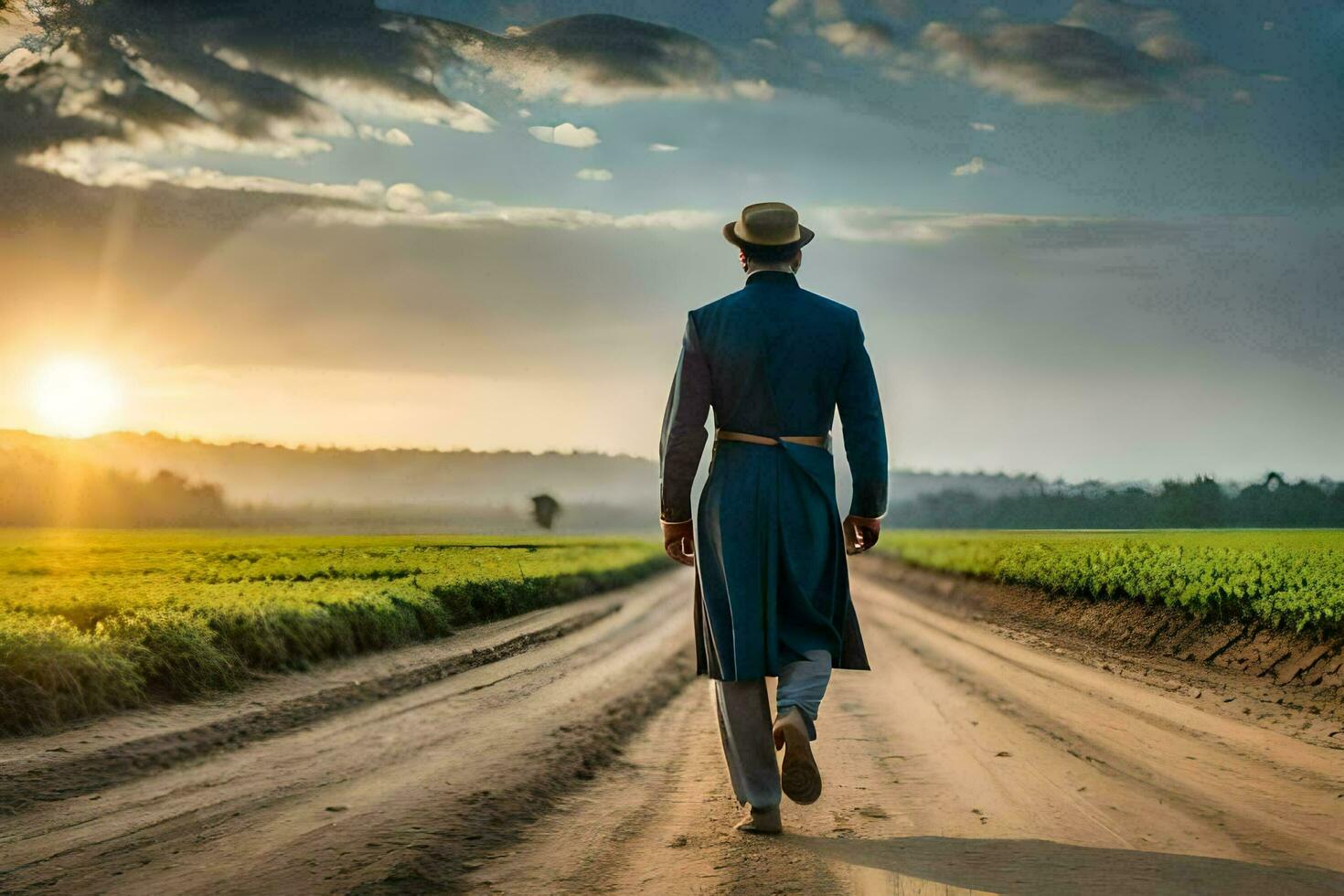a man in a suit walks down a dirt road. AI-Generated photo