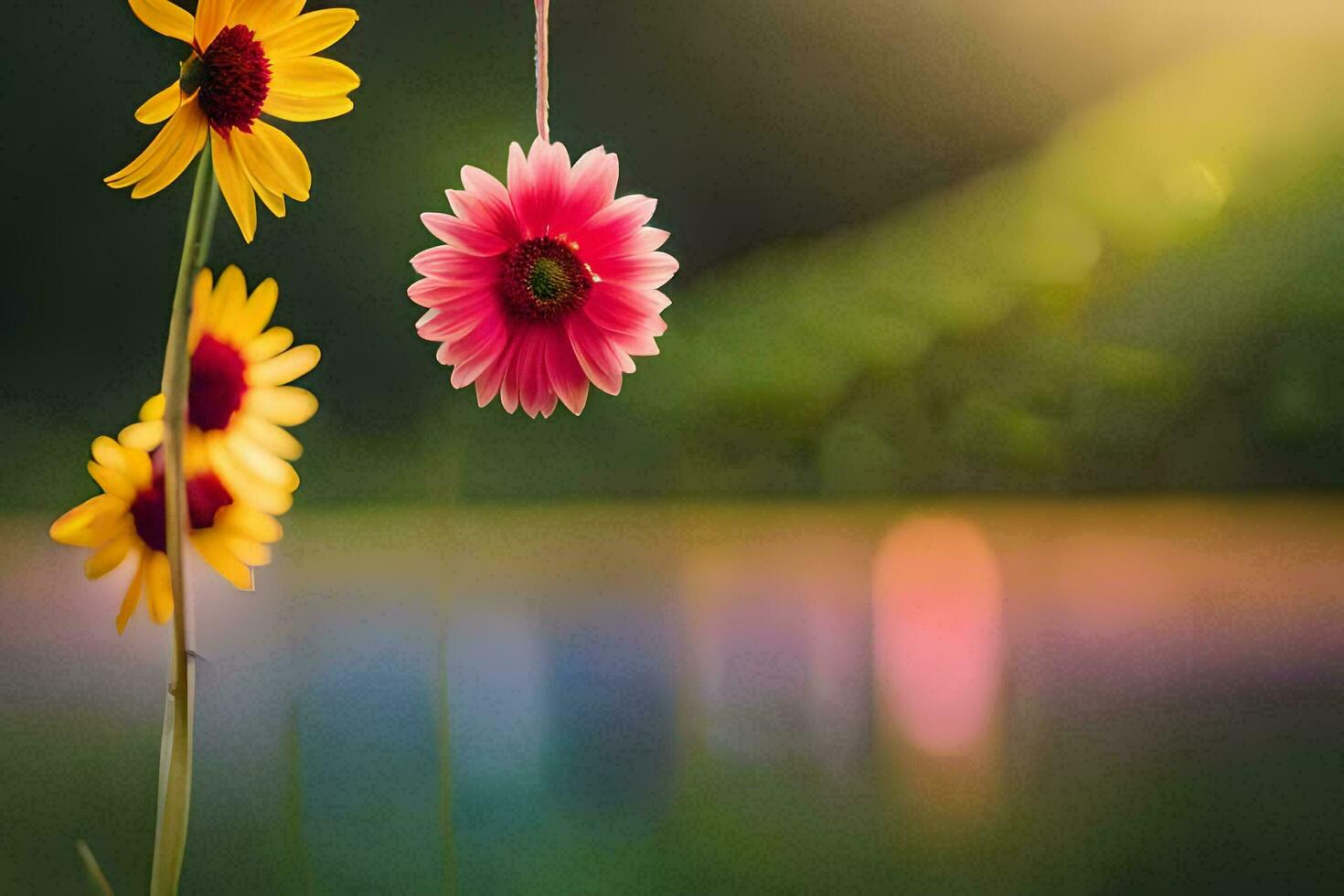 two flowers are hanging from a string in front of a lake. AI-Generated photo