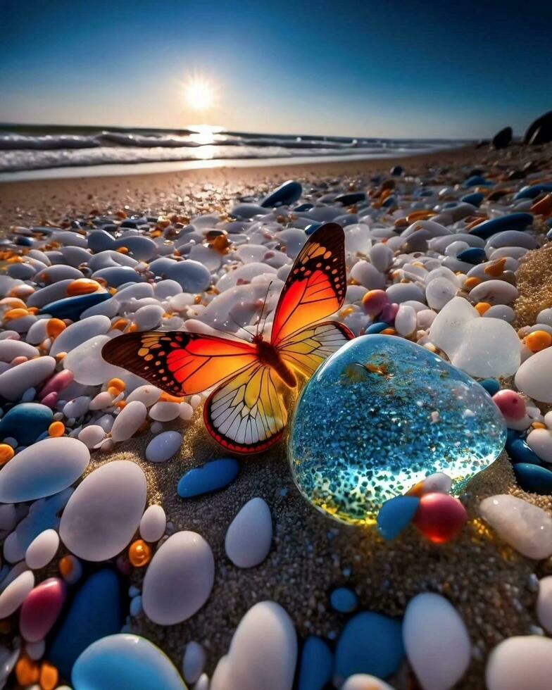 vistoso playa escena con animales, conchas, y rocas debajo un hermosa azul cielo de la naturaleza belleza en un playa con azul océano, nubes, rocas, y caparazón. foto