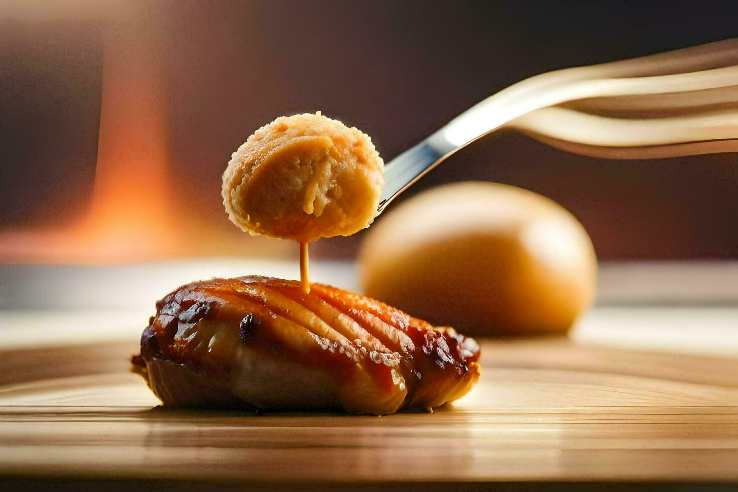a spoon dipping into a piece of meat on a wooden board. AI-Generated photo