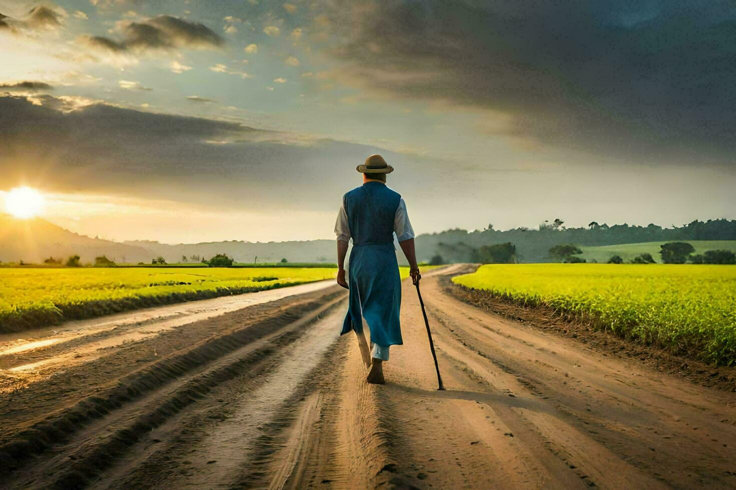 un hombre caminando en un suciedad la carretera con caña. generado por ai foto