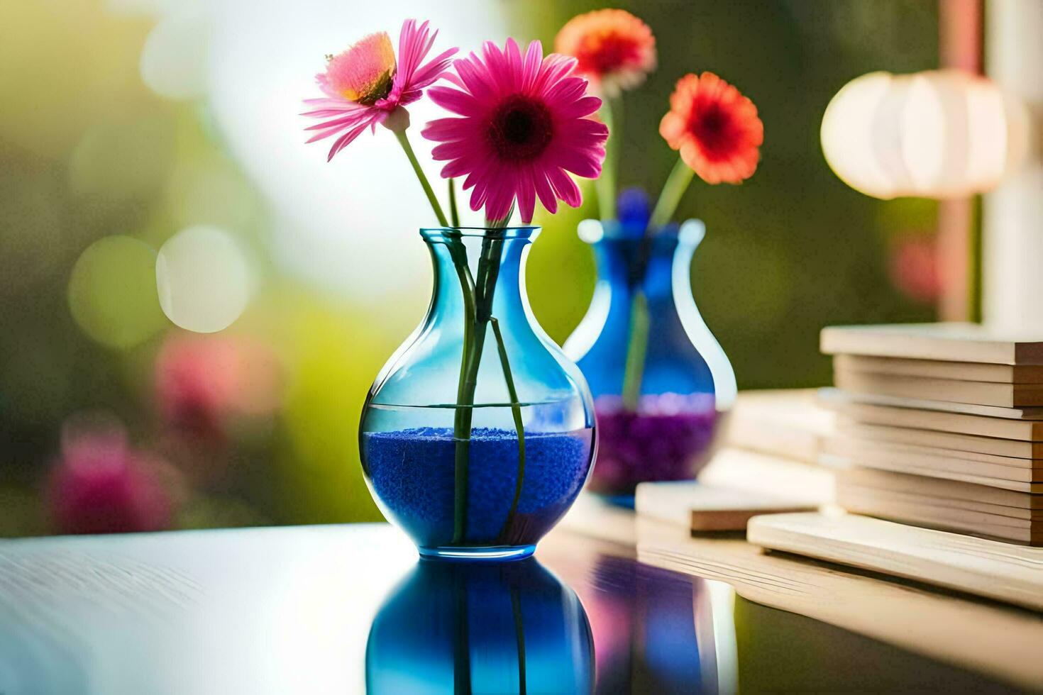 two vases with flowers sitting on a table. AI-Generated photo