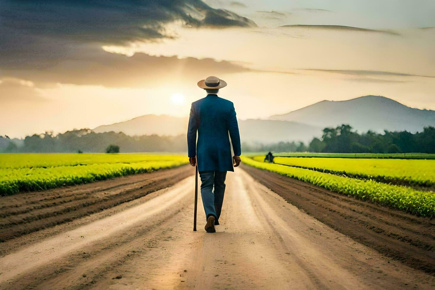 a man in a suit walks down a dirt road. AI-Generated photo