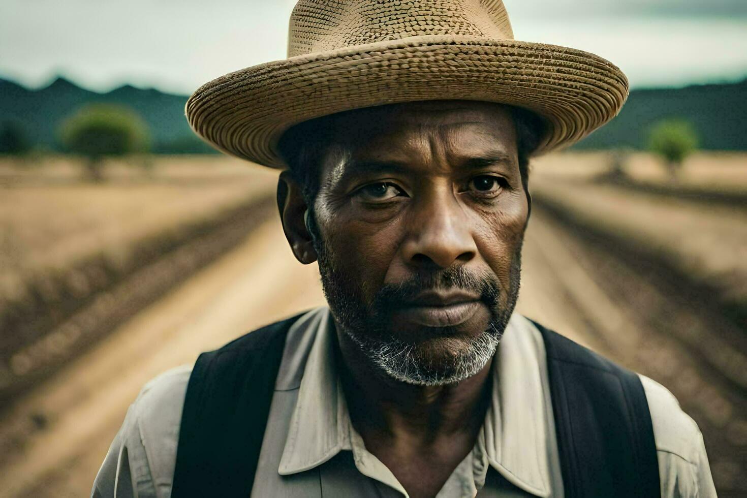 a man in a hat standing in a field. AI-Generated photo