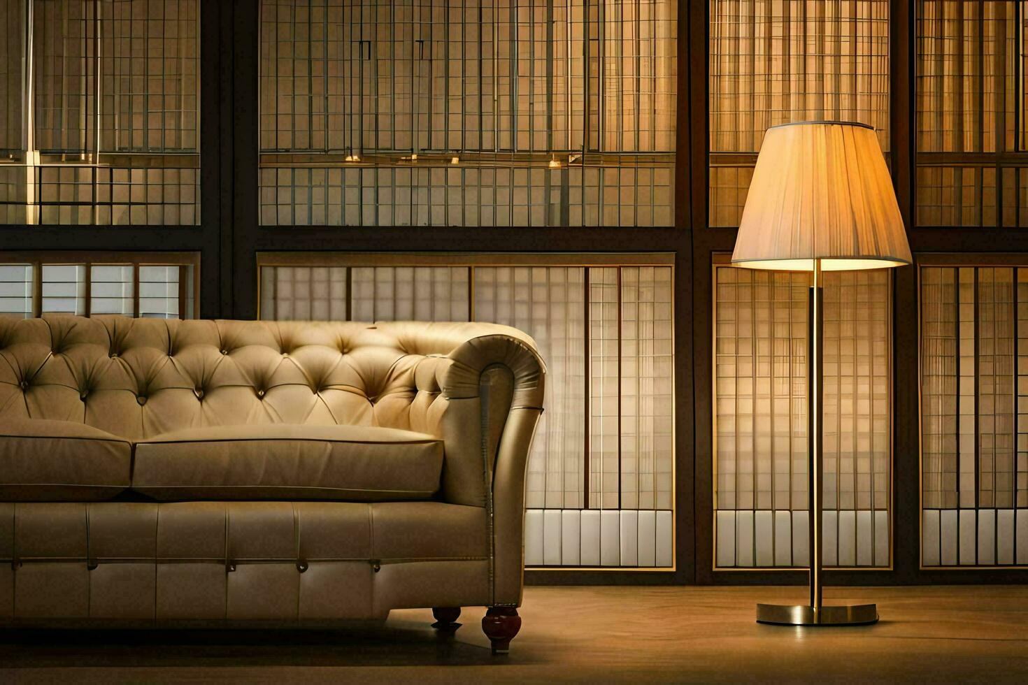 a tan leather couch and lamp in front of a window. AI-Generated photo