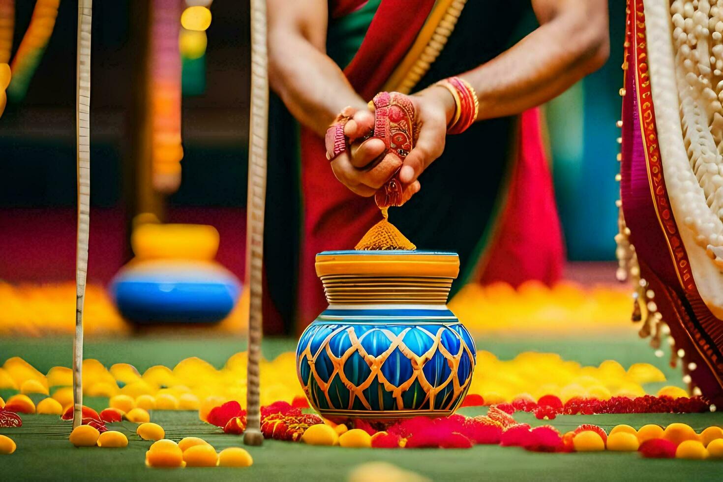 a man pouring water into a pot on a table. AI-Generated photo