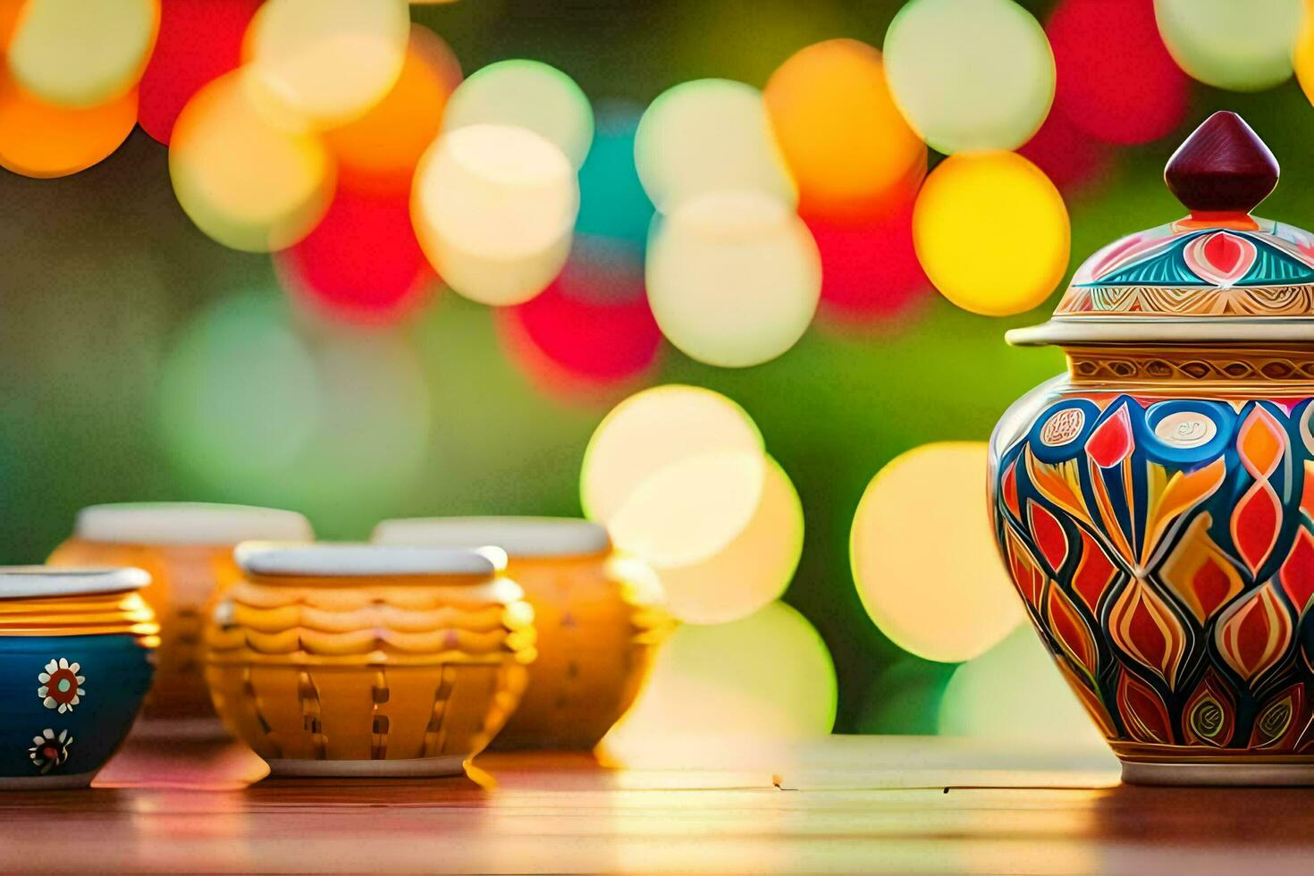 colorful vases and cups on a table with a blurred background. AI-Generated photo