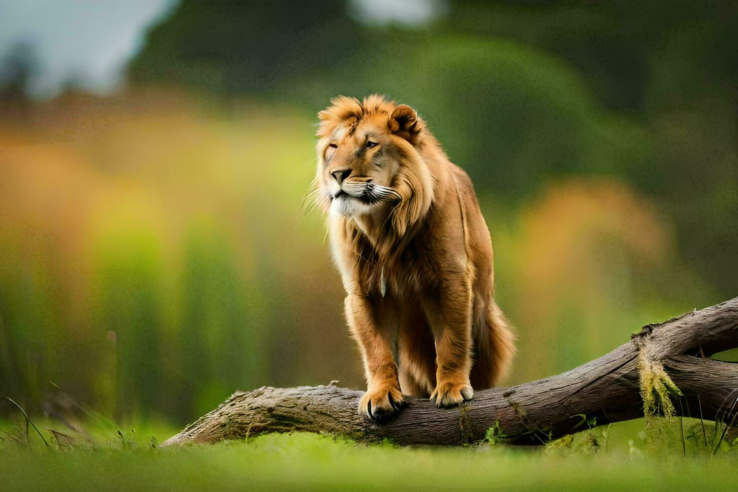 a lion is standing on a tree branch. AI-Generated photo
