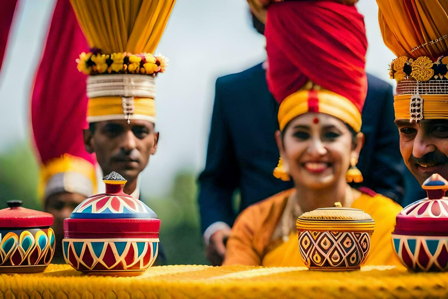 un novia y novio en tradicional indio atuendo. generado por ai foto