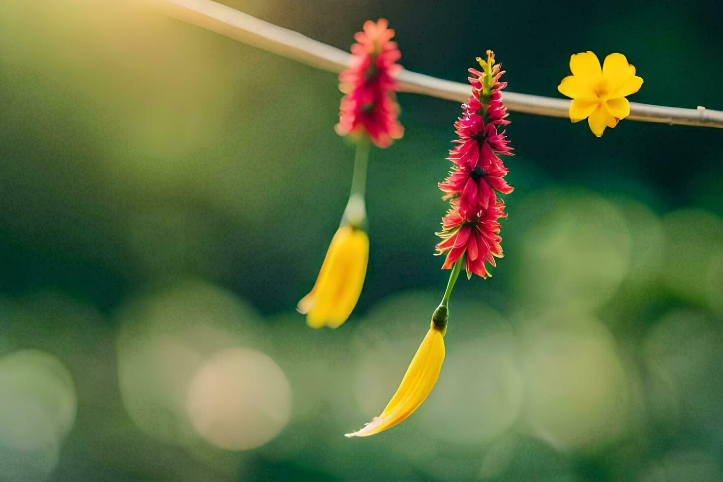 dos rojo y amarillo flores colgando desde un rama. generado por ai foto