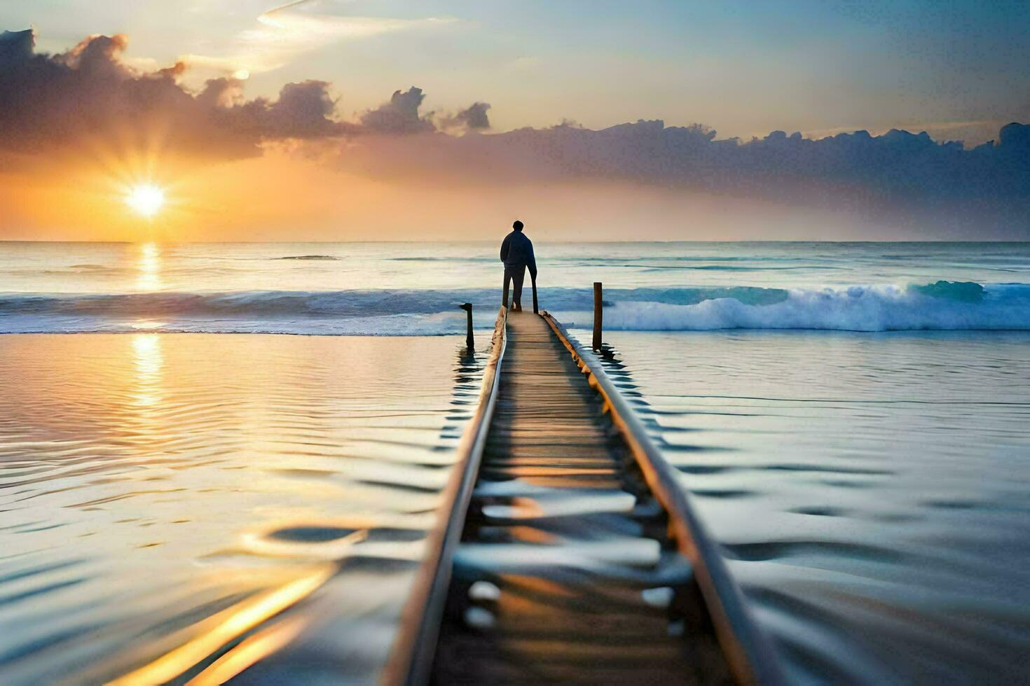 un hombre soportes en un de madera muelle a puesta de sol. generado por ai foto