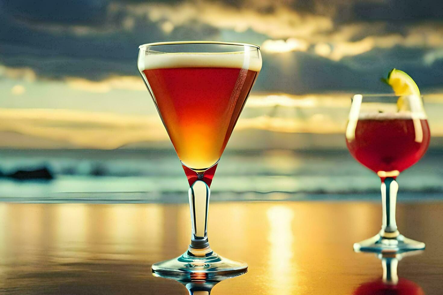 two glasses of alcohol sit on a table in front of the ocean. AI-Generated photo