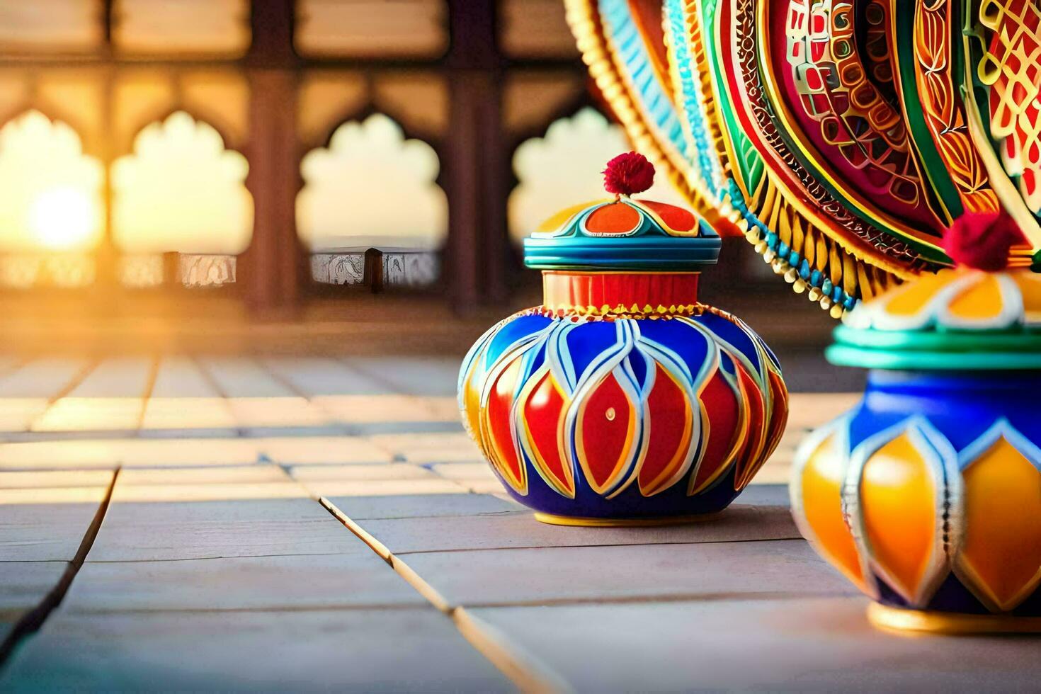 colorful vases on the ground with the sun setting behind them. AI-Generated photo