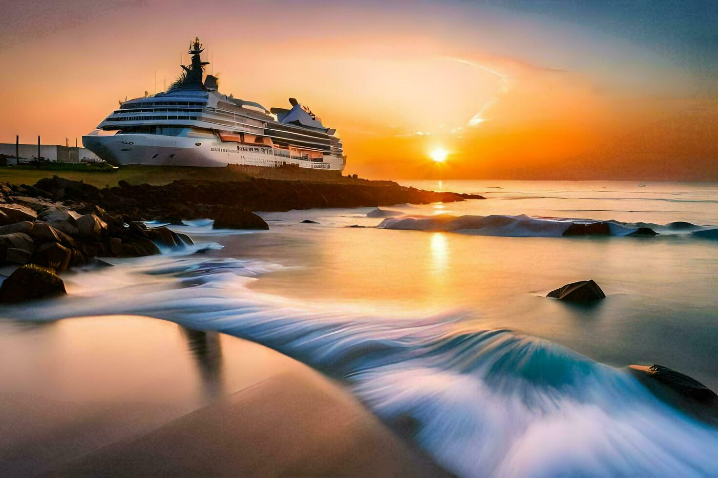 un crucero Embarcacion en el Oceano a puesta de sol. generado por ai foto