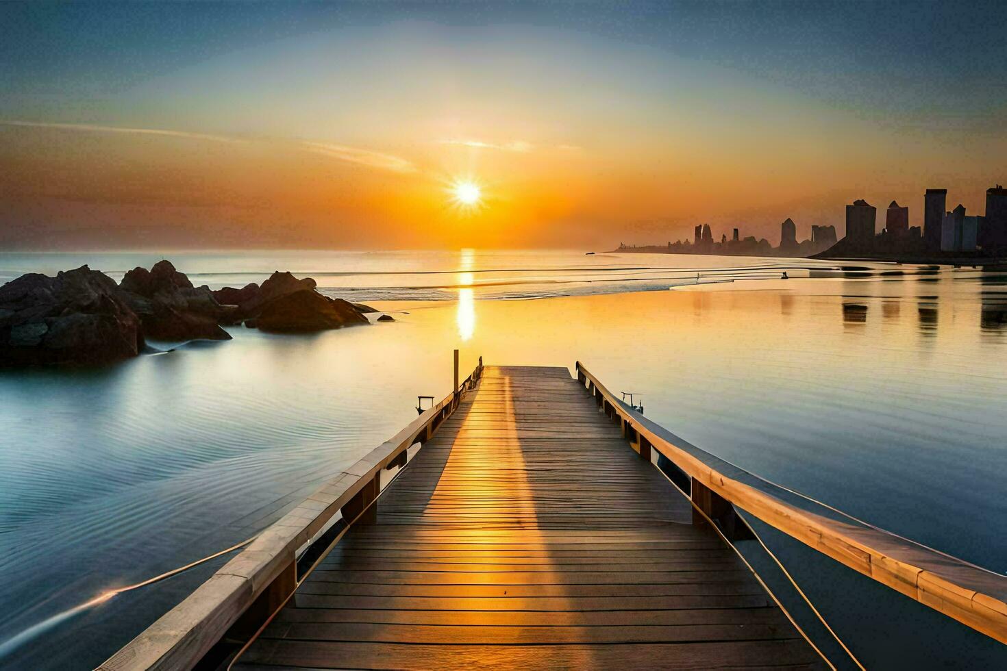 a wooden pier leads to the ocean at sunset. AI-Generated photo