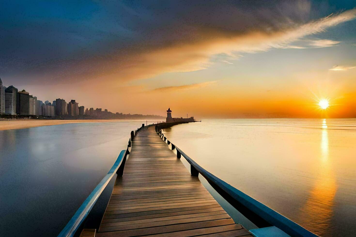 a wooden pier leads to the ocean at sunset. AI-Generated photo