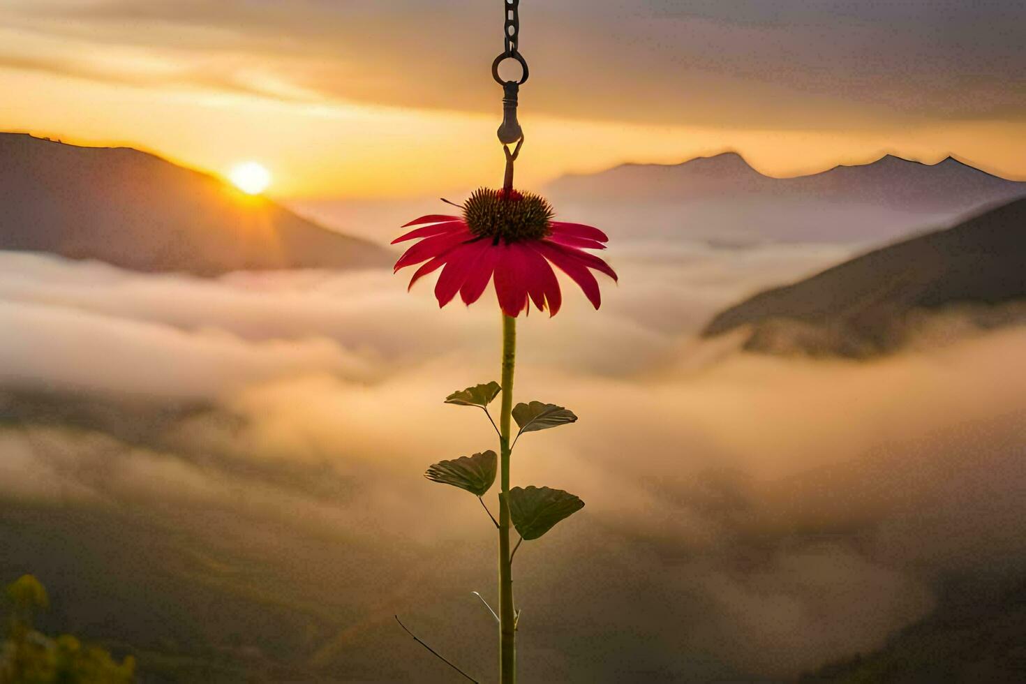 a red flower is hanging from a chain in front of a mountain. AI-Generated photo