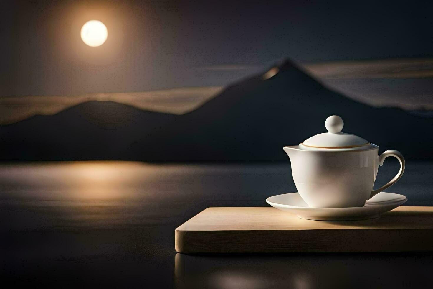 a cup of tea on a wooden table in front of a mountain. AI-Generated photo