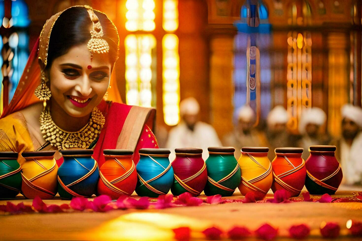 a woman in traditional indian dress is holding a candle. AI-Generated photo