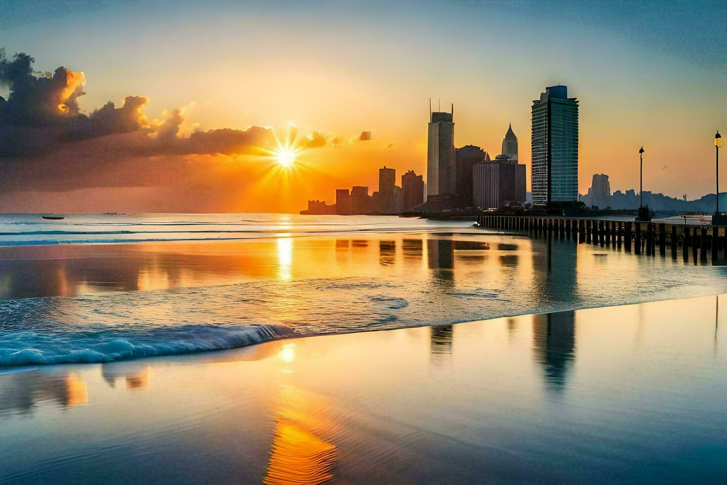 the sun rises over the city skyline. AI-Generated photo