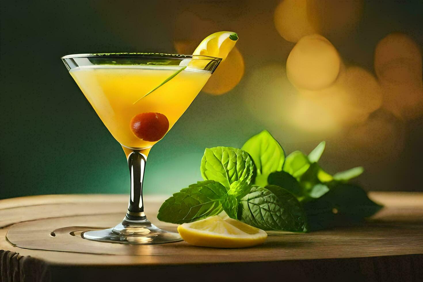 a cocktail with lemon, mint and a cherry on top. AI-Generated photo