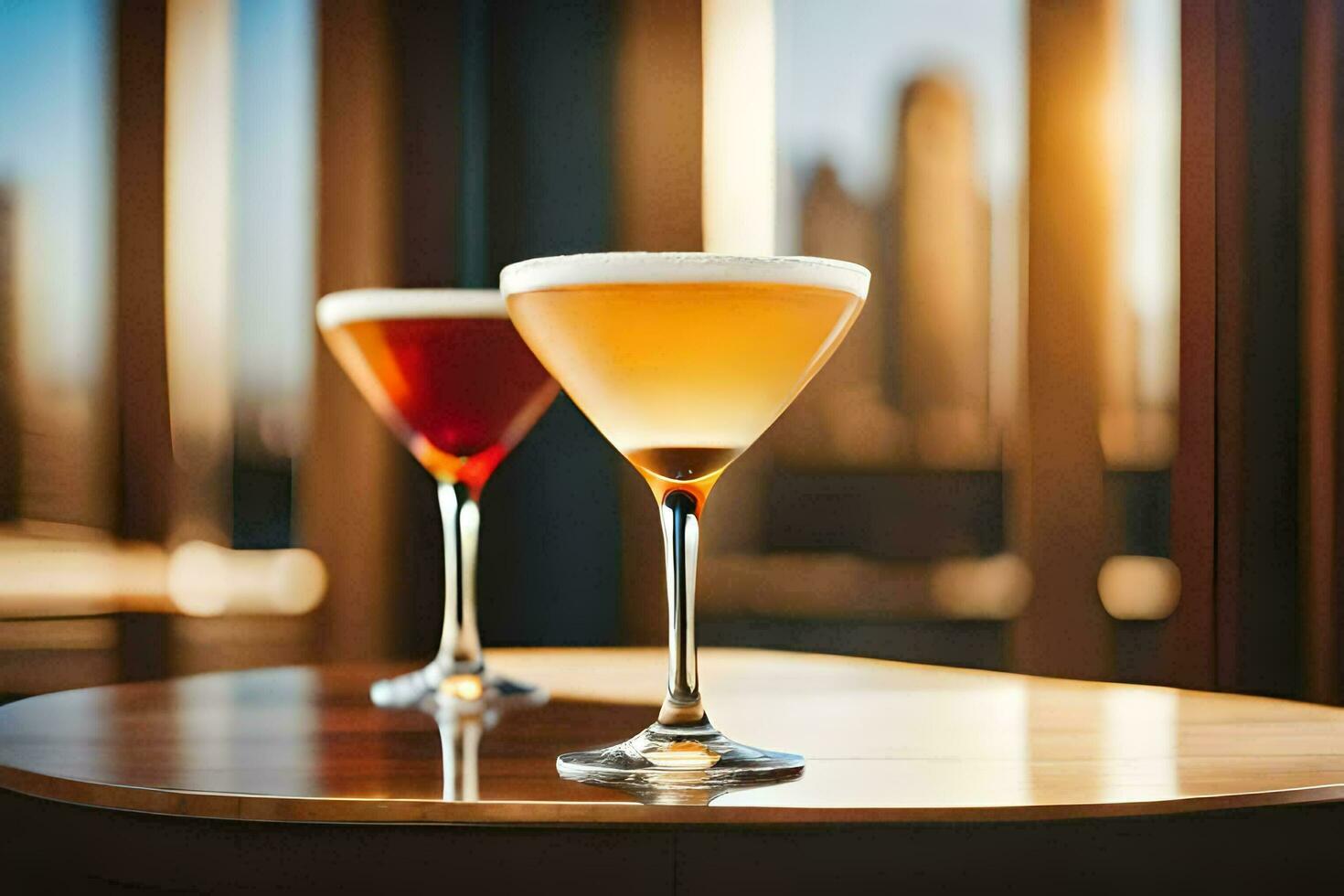 two cocktails sit on a table in front of a cityscape. AI-Generated photo