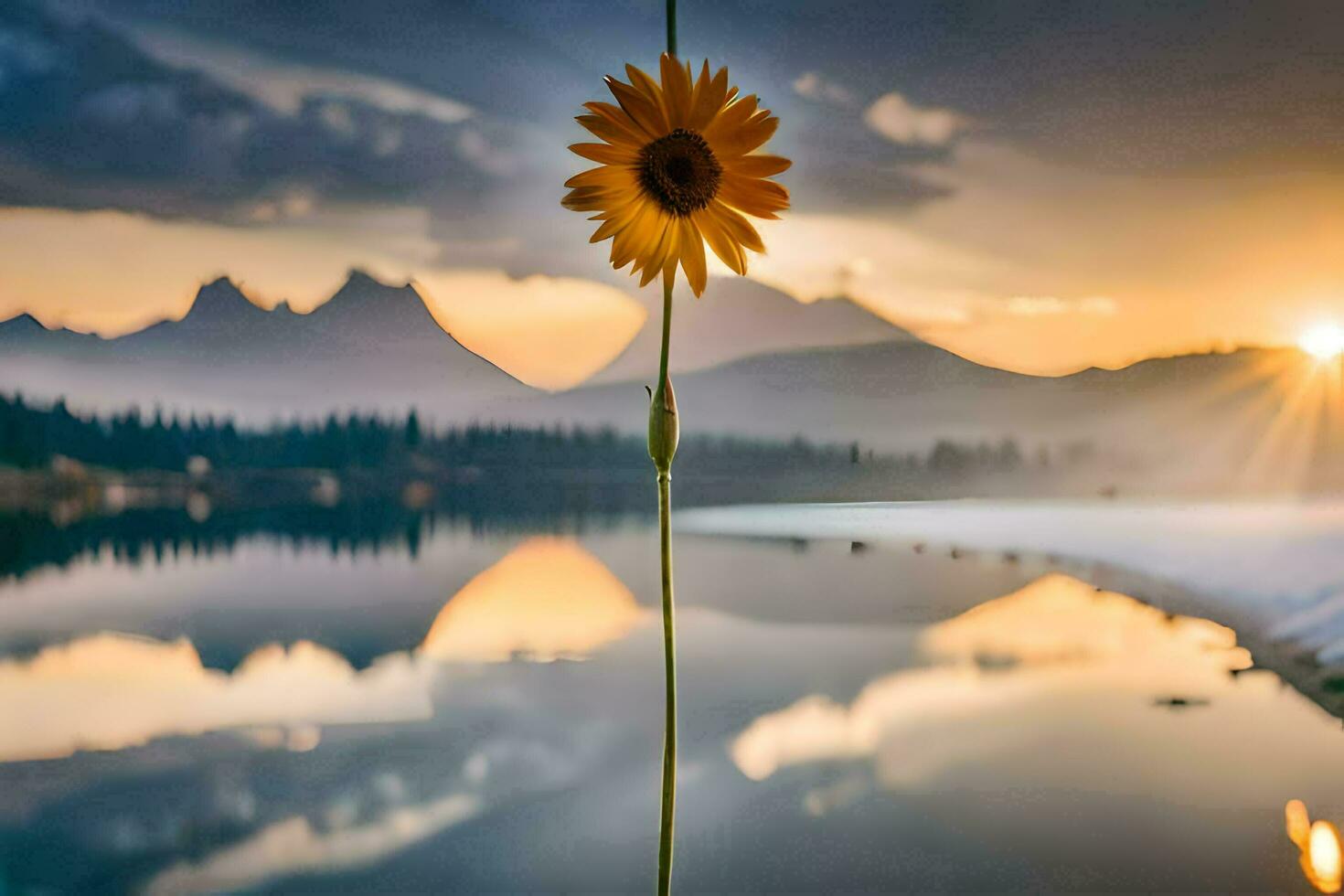 sunflower hanging from a pole in front of a lake. AI-Generated photo