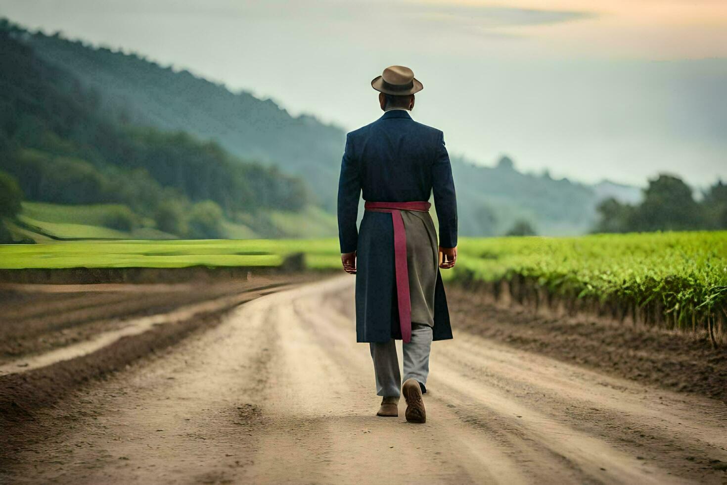 a man in a long coat and hat walking down a dirt road. AI-Generated photo