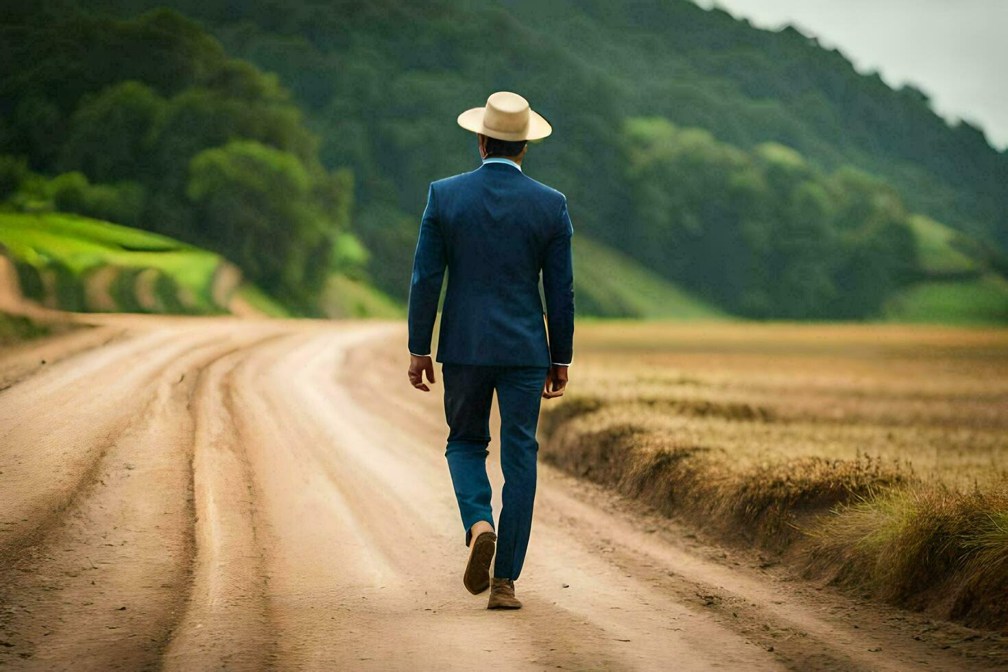 a man in a suit and hat walking down a dirt road. AI-Generated photo