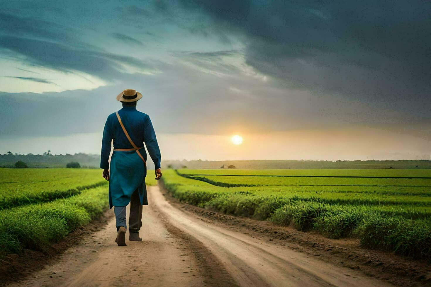 a man in a blue hat walks down a dirt road. AI-Generated photo