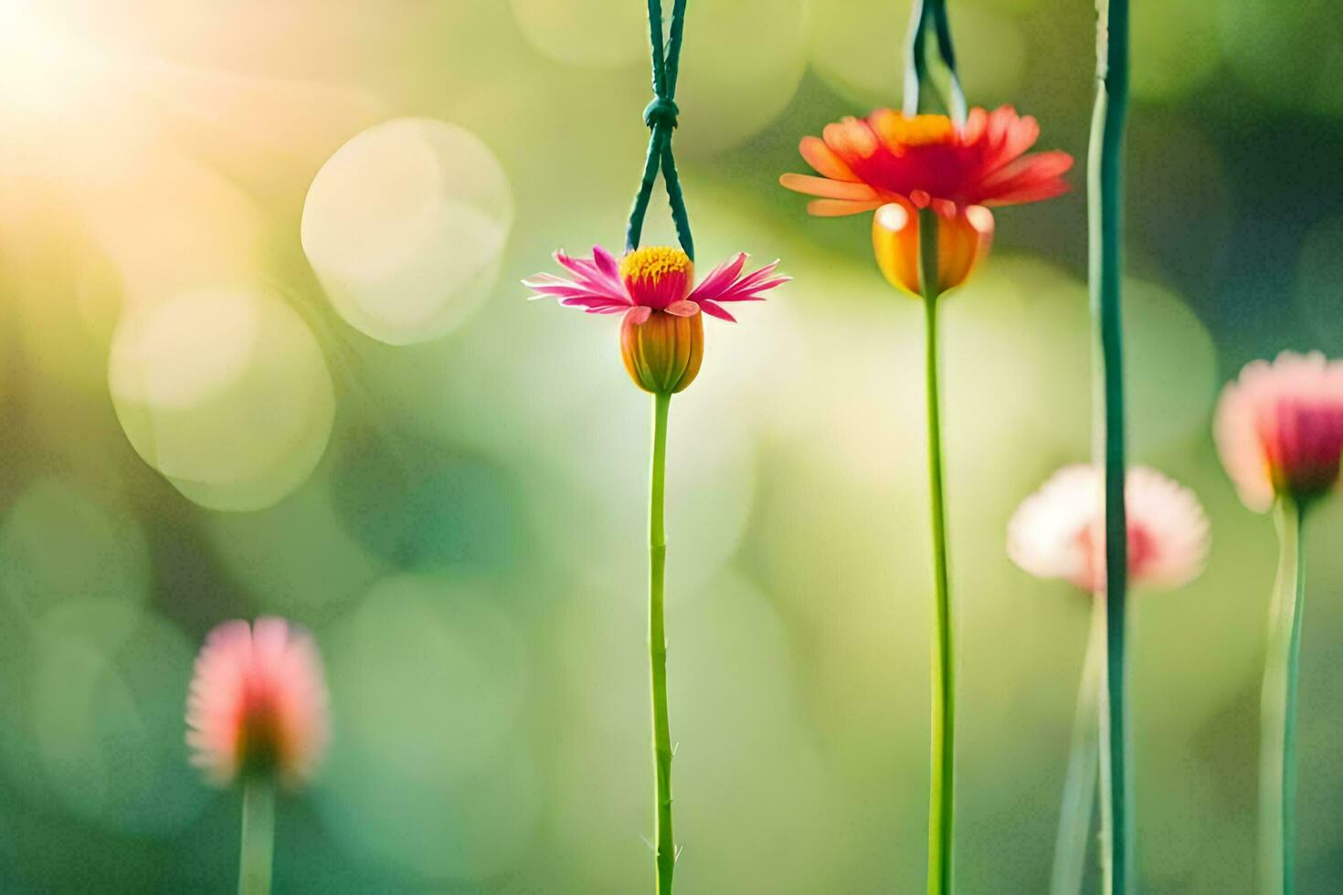pink flowers hanging from a string in front of a green background. AI-Generated photo