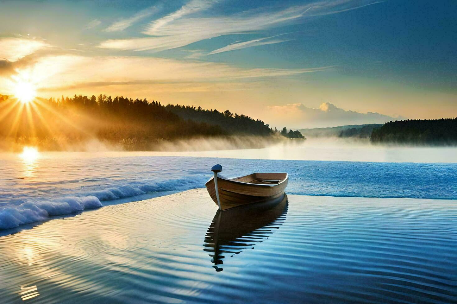 a boat is floating on the water at sunset. AI-Generated photo