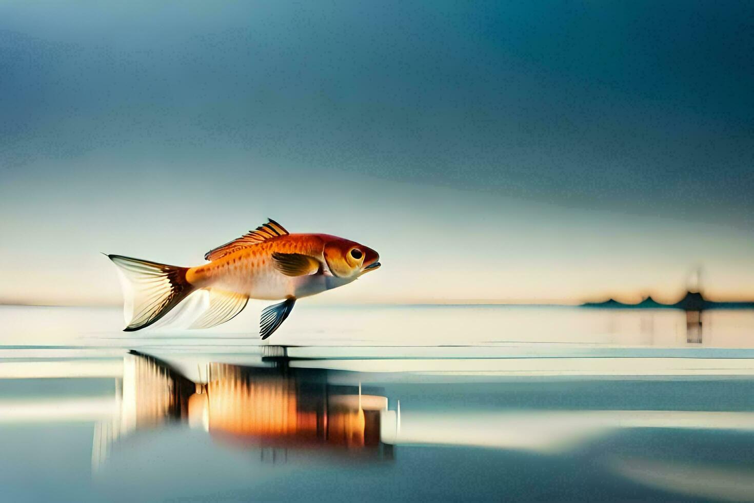 a fish is standing on the water with a reflection. AI-Generated photo