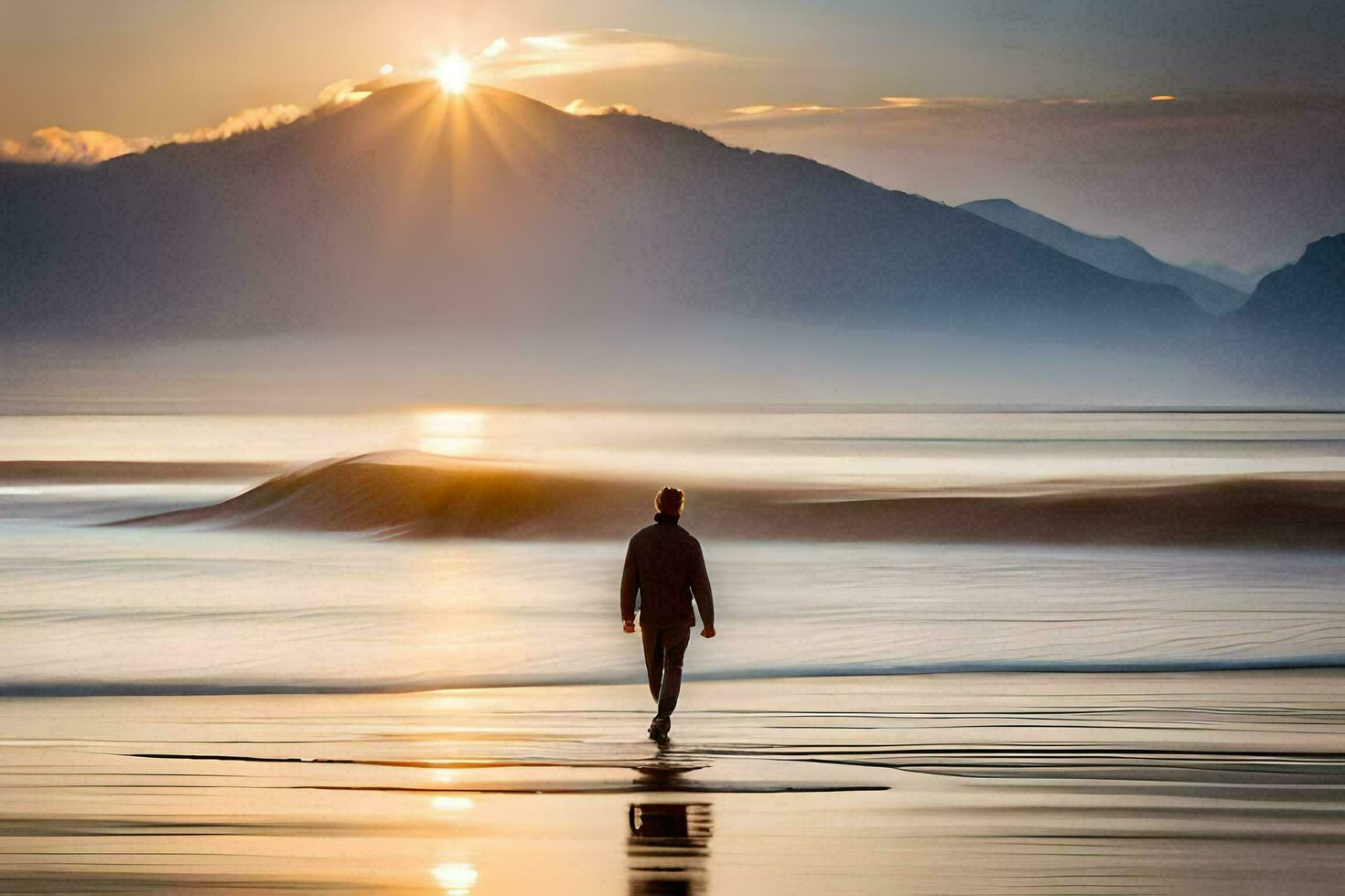 a man walking on the beach at sunset. AI-Generated photo