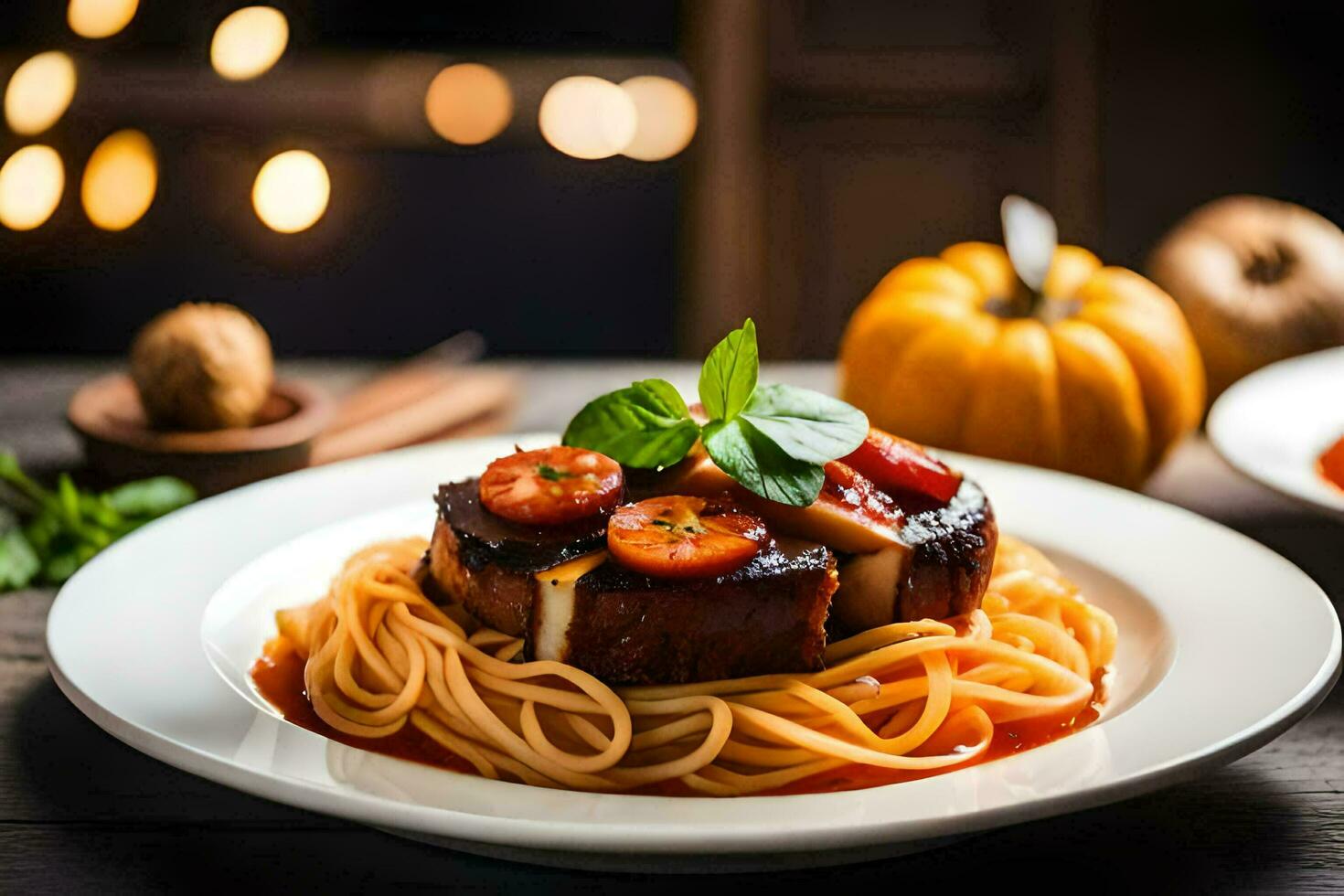 spaghetti with meat and tomatoes on a plate. AI-Generated photo