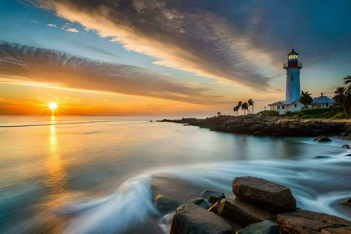 el faro a puesta de sol con olas estrellarse dentro el costa. generado por ai foto