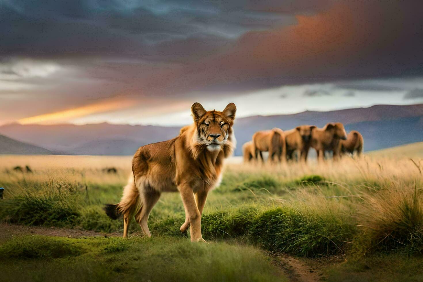 a lion stands in the middle of a field with other animals. AI-Generated photo