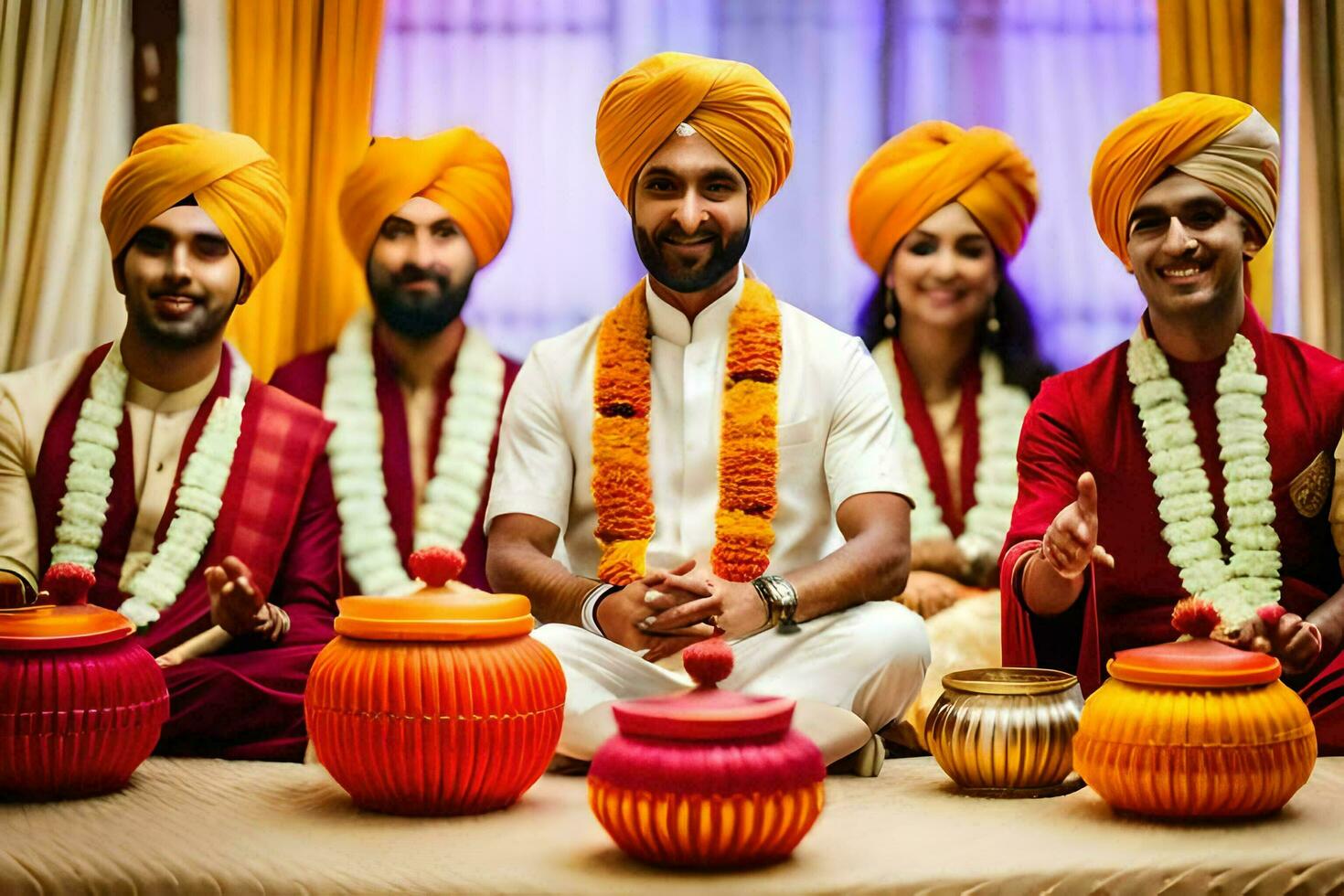 a group of men in turban and gold garlands. AI-Generated photo