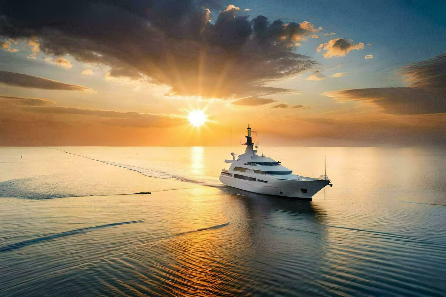 a yacht sailing in the ocean at sunset. AI-Generated photo