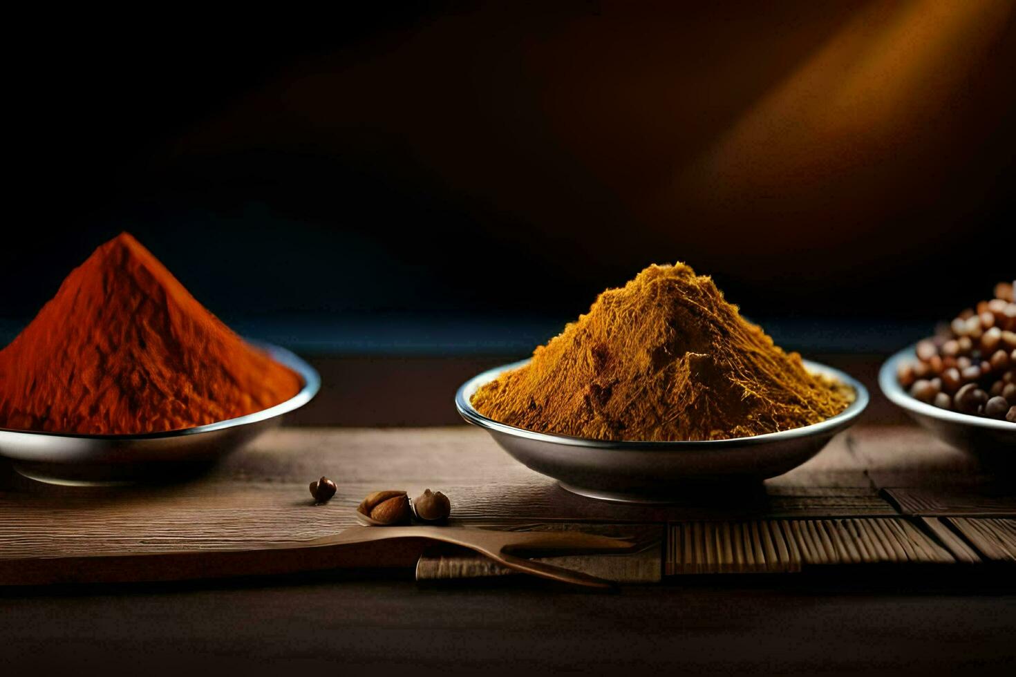 three bowls of spices on a wooden table. AI-Generated photo