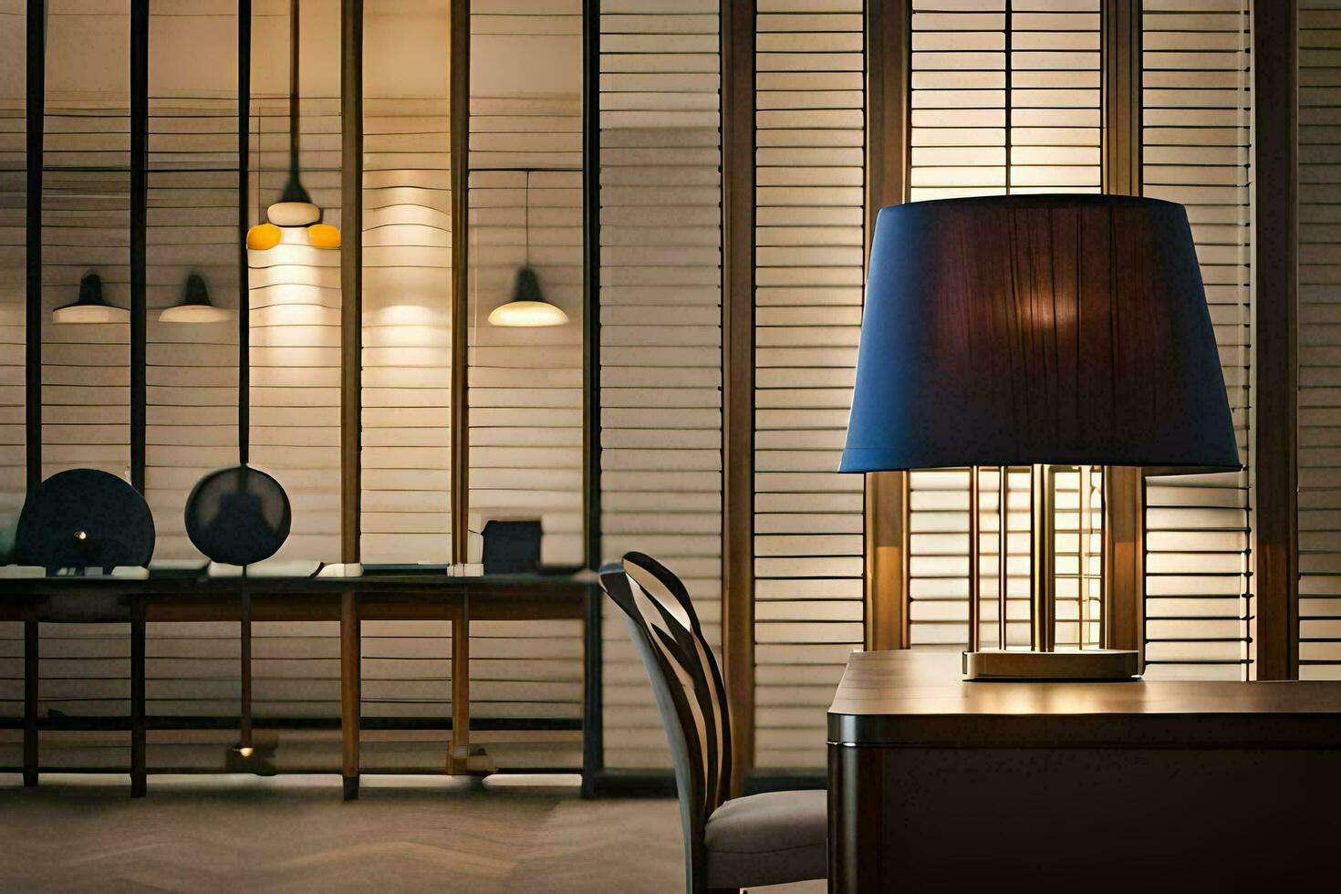 a lamp is sitting on a table in front of a window. AI-Generated photo