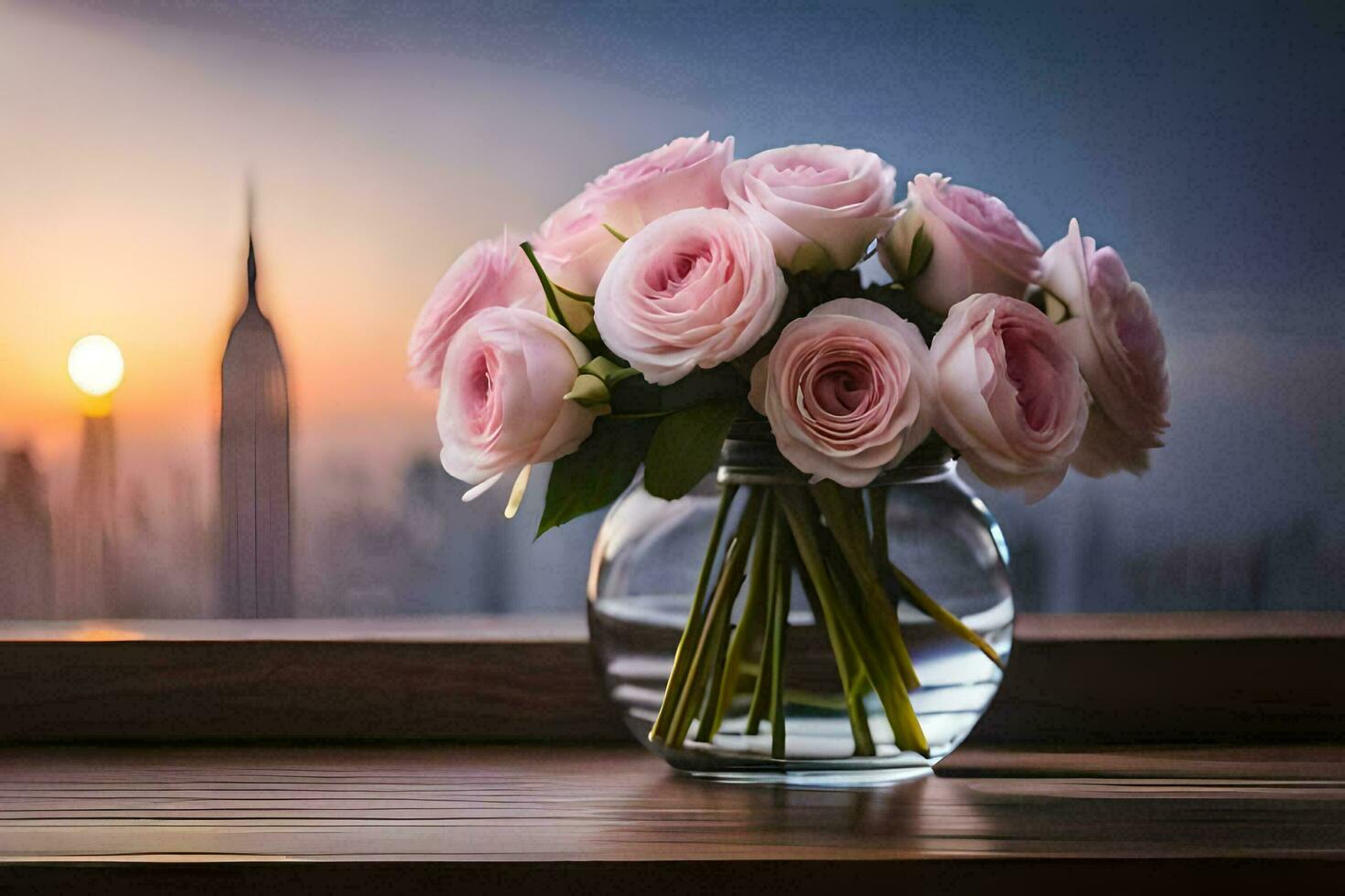 pink roses in a vase on a table with a city in the background. AI-Generated photo