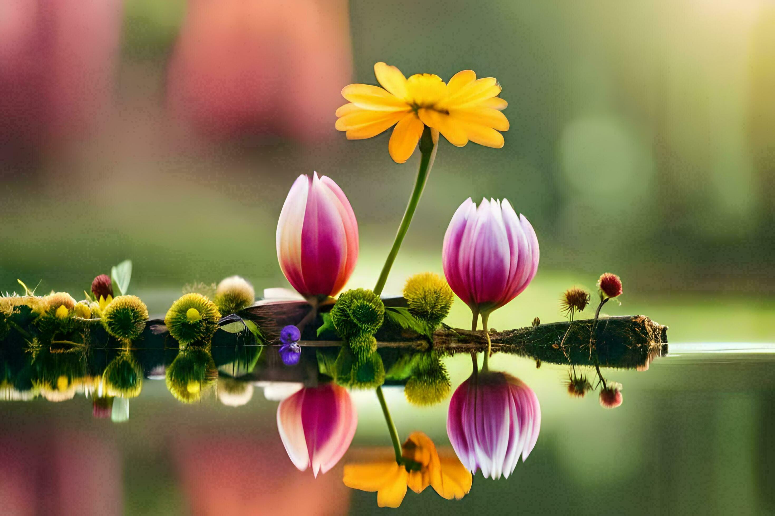 beautiful flowers in water with reflection. AIGenerated 31253661 Stock