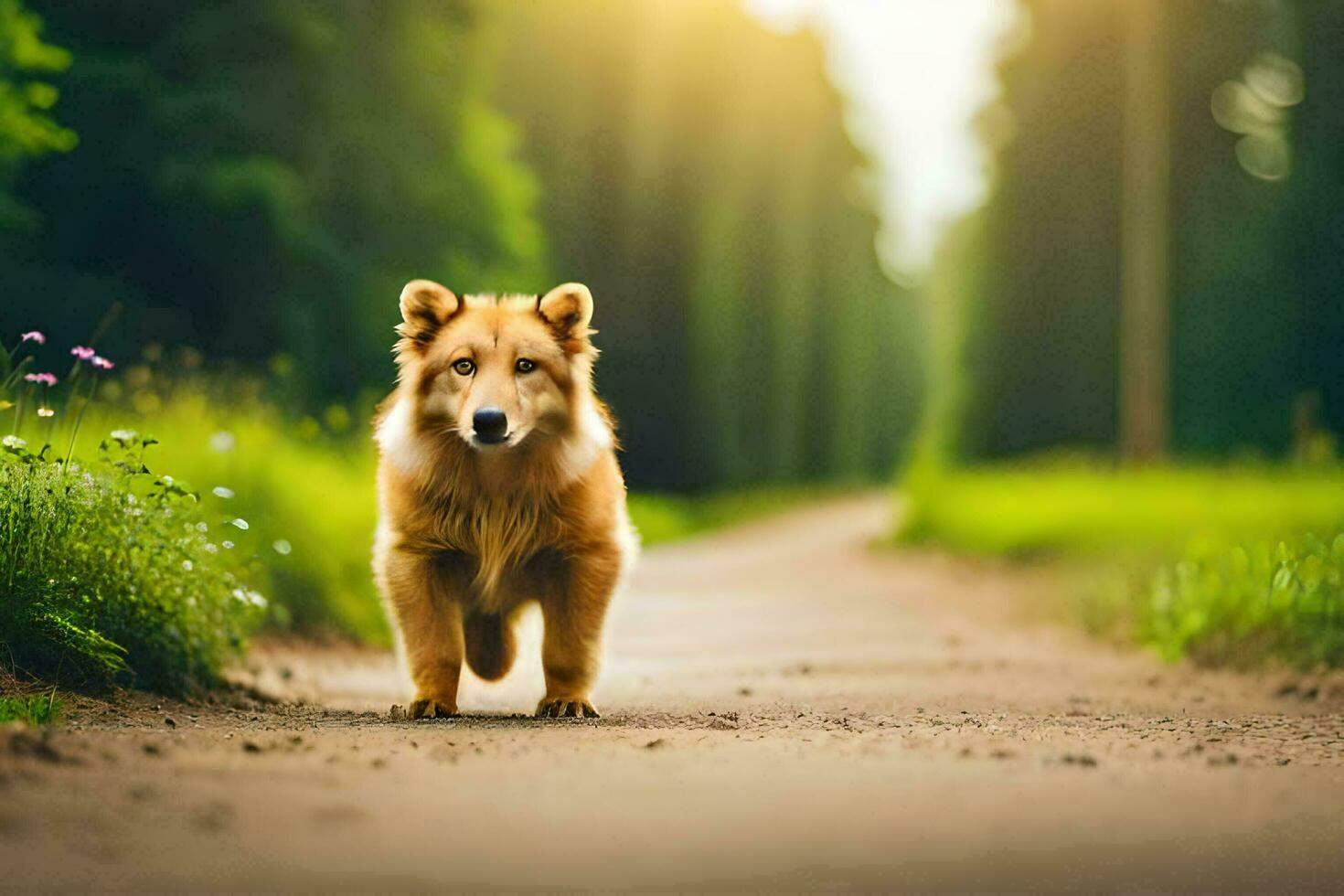 a dog walking down a road in the middle of a forest. AI-Generated photo