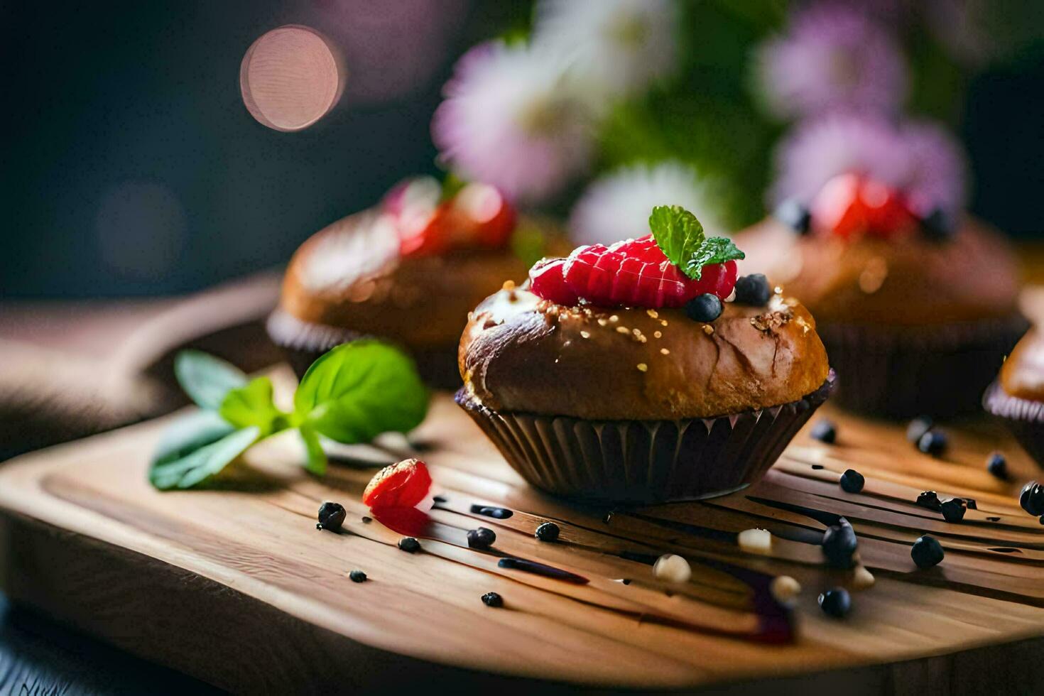 cupcakes with berries and chocolate on a wooden cutting board. AI-Generated photo