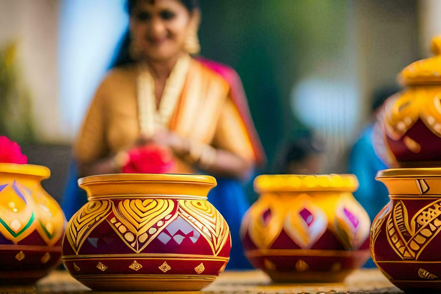 a woman in traditional indian dress is standing next to colorful pots. AI-Generated photo