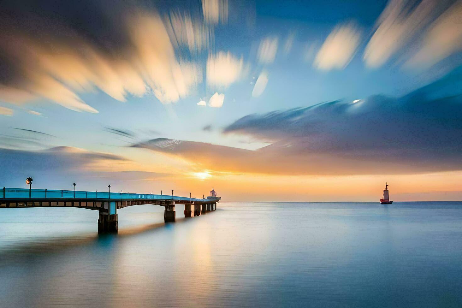 a long exposure photograph of a pier at sunset. AI-Generated photo